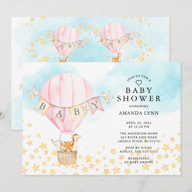 Baby Animals Hot Air Balloon Baby Girl Shower Invitation (Front/Back)