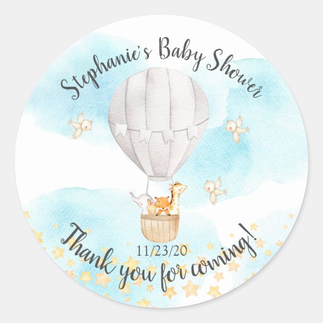Baby Animals Hot Air Balloon Baby Shower Favour Classic Round Sticker (Front)