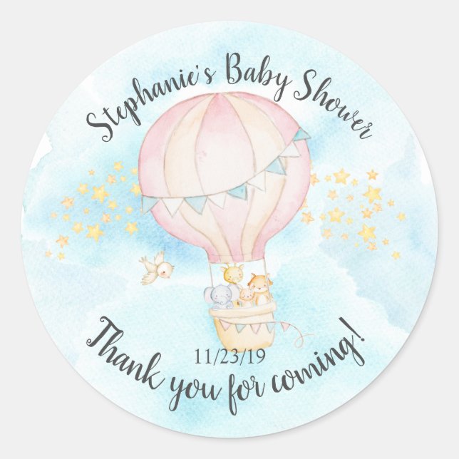 Baby Animals Hot Air Balloon Baby Shower Favour Classic Round Sticker (Front)
