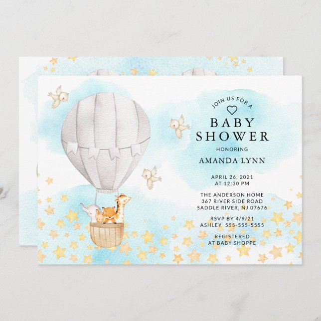 Baby Animals Hot Air Balloon Neutral Baby Shower Invitation (Front/Back)