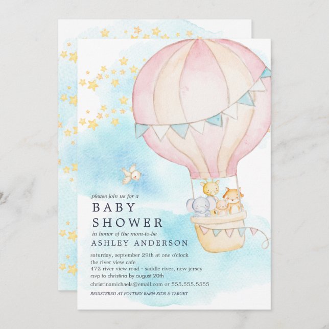Baby Animals Hot Air Balloon Ride Baby Girl Shower Invitation (Front/Back)