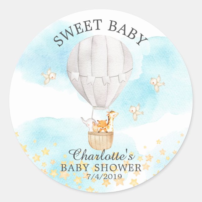 Baby Animals Hot Air Balloon Ride Baby Shower Classic Round Sticker (Front)