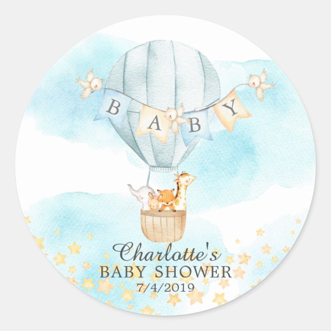 Baby Animals Hot Air Balloon Ride Baby Shower Classic Round Sticker (Front)