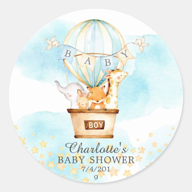 Baby Animals Hot Air Balloon Ride Baby Shower Classic Round Sticker (Front)