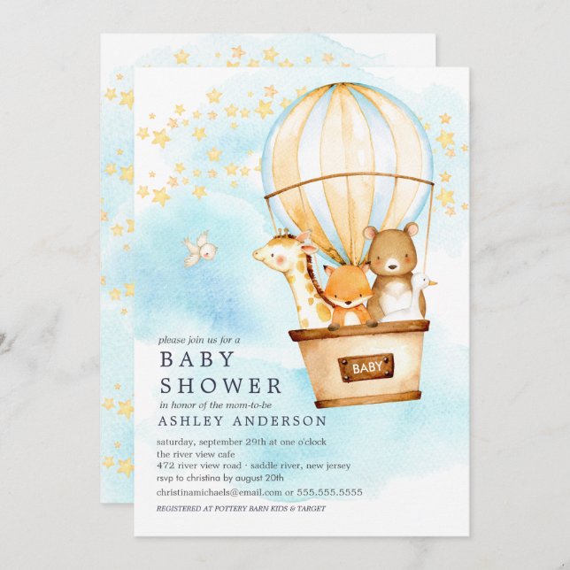 Baby Animals Hot Air Balloon Ride Baby Shower Invitation (Front/Back)