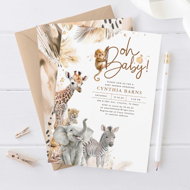 Baby Animals Jungle Safari Wild Cute Baby Shower Invitation (Safari Animals Light Brown Baby Shower Invitations)