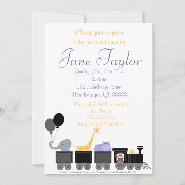 Baby Animals On A Train Baby Shower Invitations (Front)