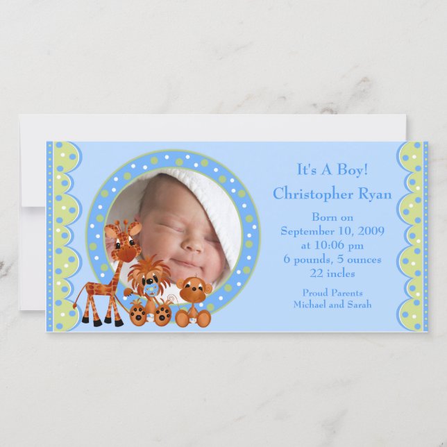 Baby Animals PHOTO  Boy Birth Announcement (Front)
