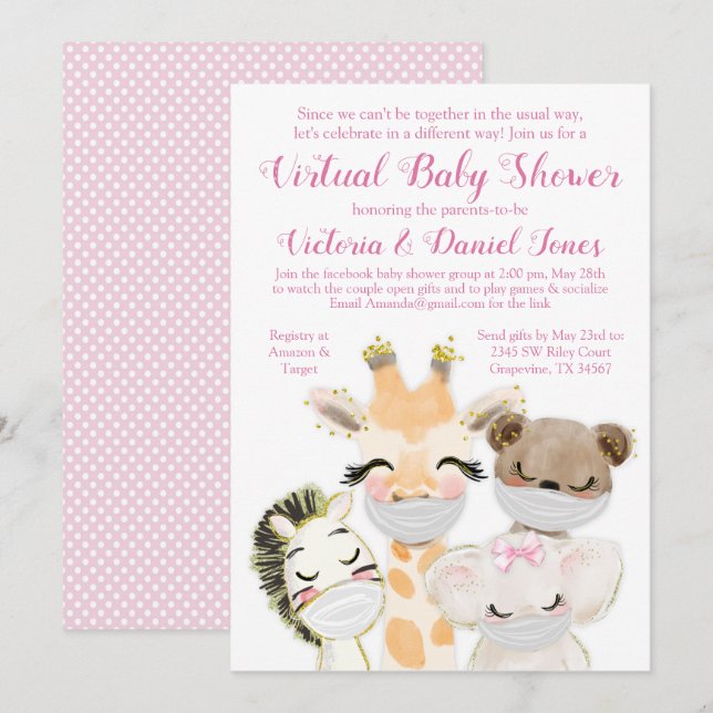 Baby Animals with Masks Drive By Covid Baby Shower Invitation (Front/Back)
