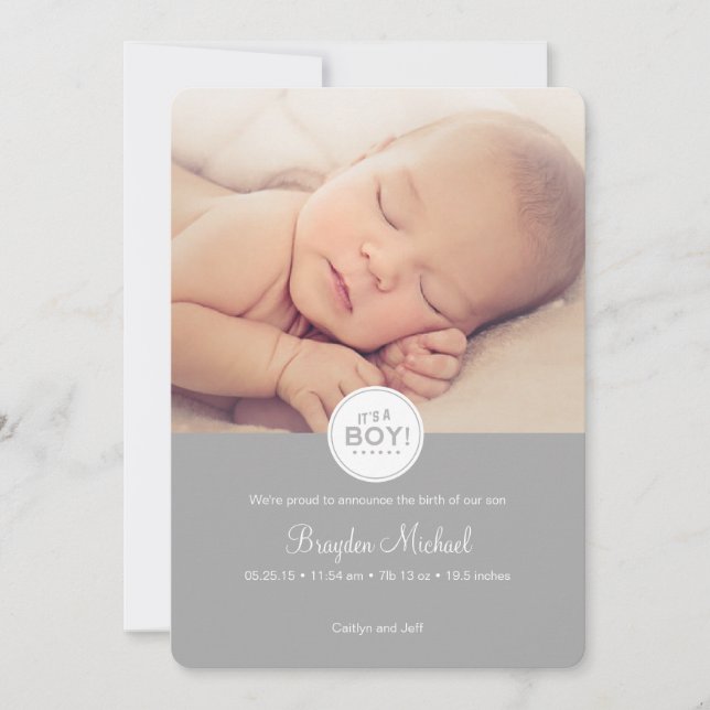Baby Announcement Card in Grey - It's a boy! (Front)