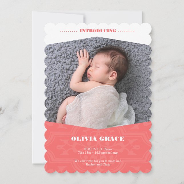 Baby Announcement for girl in Coral (Front)
