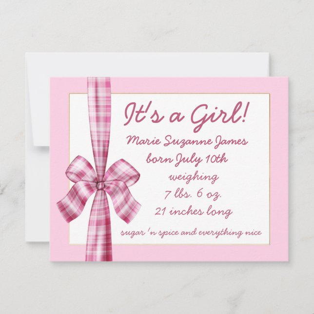 Baby Announcement for girl photo retro pink bow (Front)