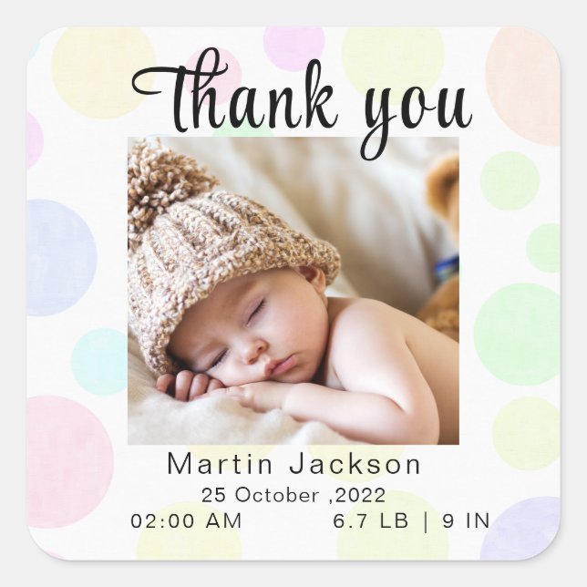 Baby Announcement, Thank you, Script Classic Round Square Sticker (Front)