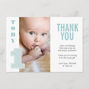 Baby Aqua Chevron 1st Birthday Thank You Photo Card