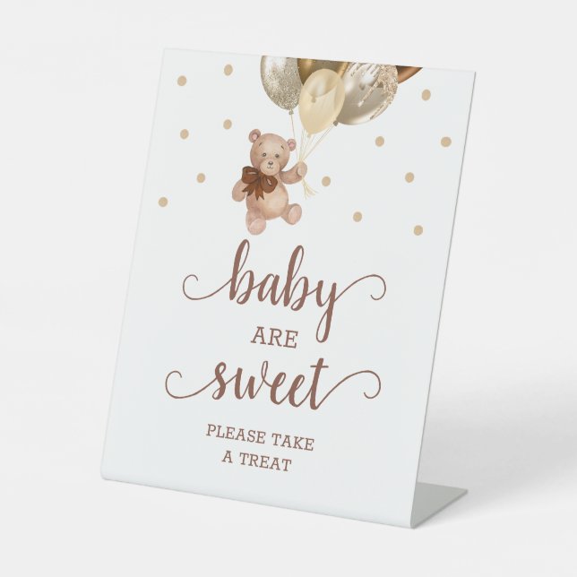 Baby Are Sweet Teddy Bear Brown Gold Dessert Table Pedestal Sign (Front)