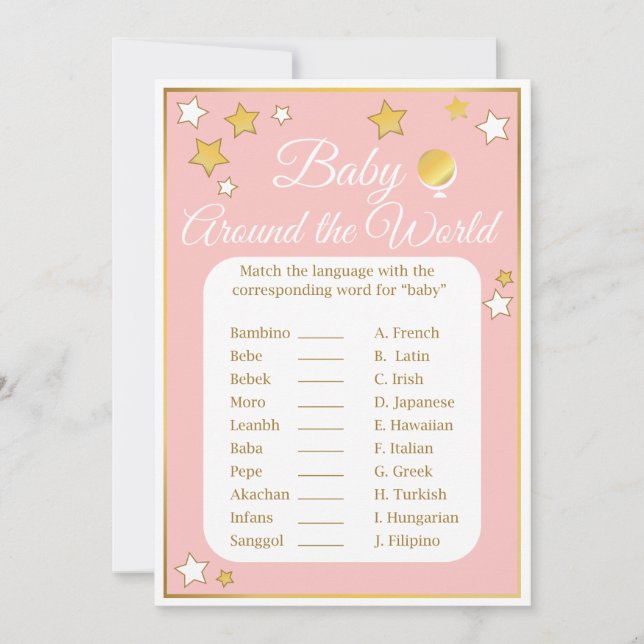 Baby Around the World Shower Game Gold Pink Star Invitation (Front)