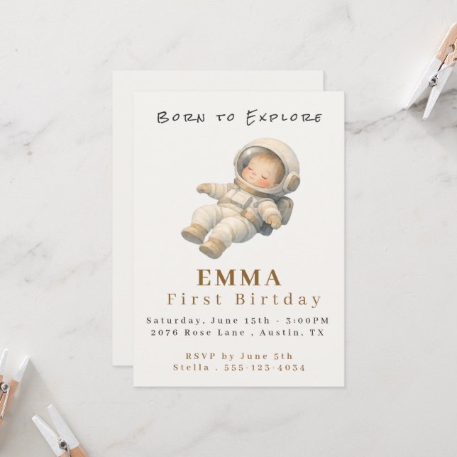 Baby Astronaut First Birthday Flat Invitation Card (Front/Back In Situ)