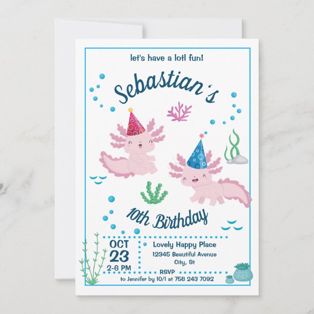 Baby Axolotl White Birthday Party Invitation (Front)