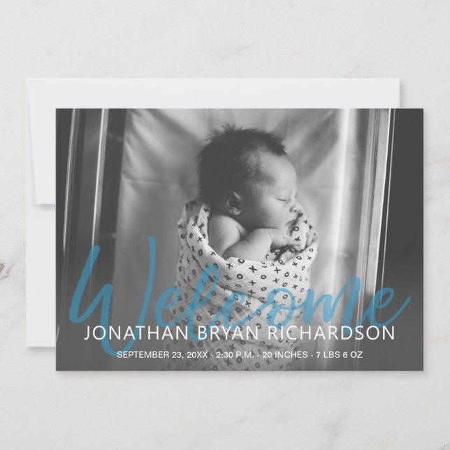 Baby B&W Blue Photo Welcome Birth Announcement (Front)