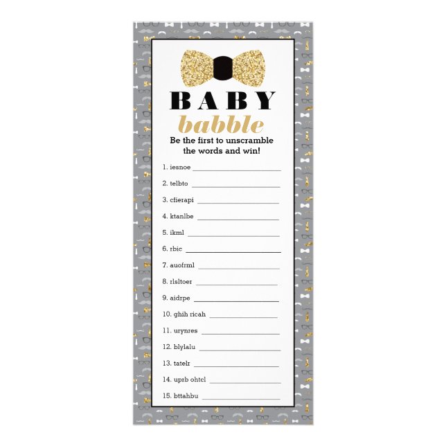 Baby Babbly Word Scramble Game, Bow Tie Rack Card (Front)