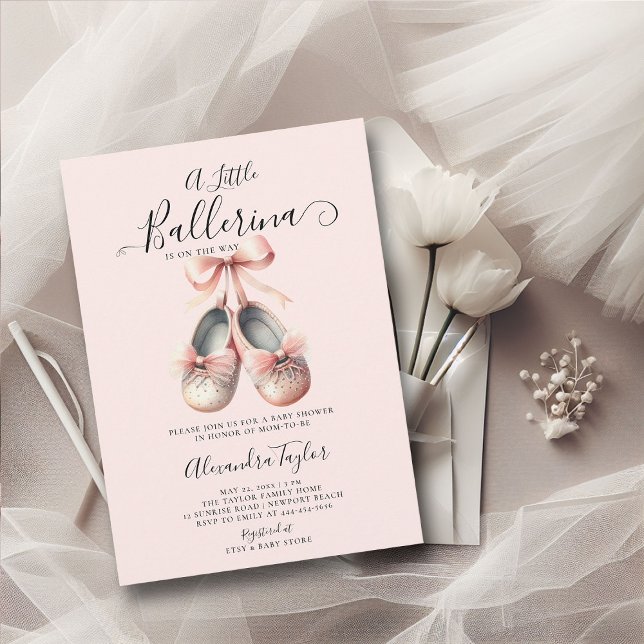 Baby Ballerina Shoes Pink Bow Gold Girl Shower Invitation (little ballerina baby girl shower invitation pink blush gold ballet shoes watercolor cute sweet)
