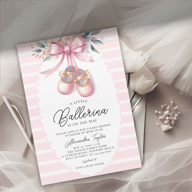 Baby Ballerina Shoes Pink Floral Bow Girl Shower Invitation (ballerina baby shower invitation ballet shoes pink floral bow ribbons satin elegant cute adorable)