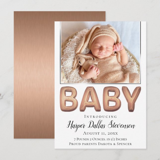 Baby Balloon | Elegant Rose Gold Baby Photo Announcement (Front/Back)
