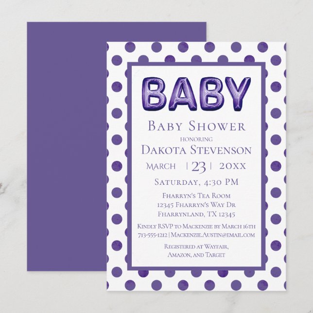 Baby Balloon | Royal Violet Purple Baby Shower Invitation (Front/Back)