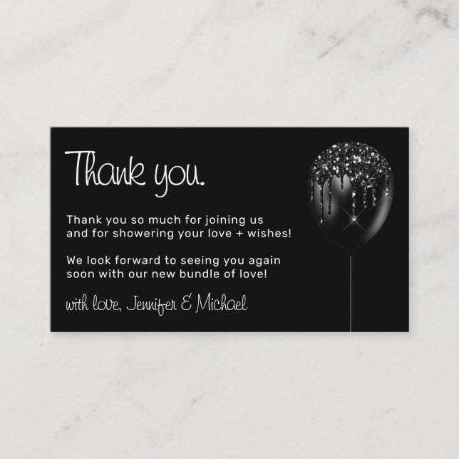 Baby Balloon Sparkle Party Glitz Black Thank You Enclosure Card (Front)