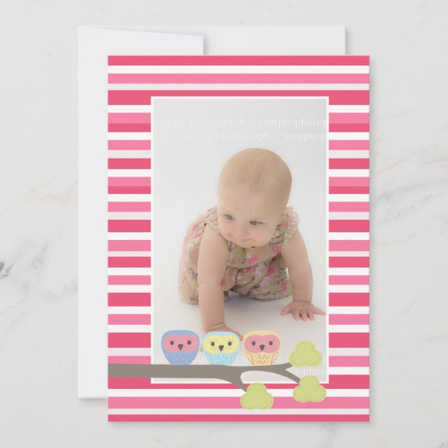 Baby Baptism Christening Pink Owls Photo Invite (Front)