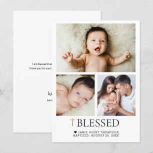 Baby Baptism Custom Photos Gold Cross Blessed Thank You Card