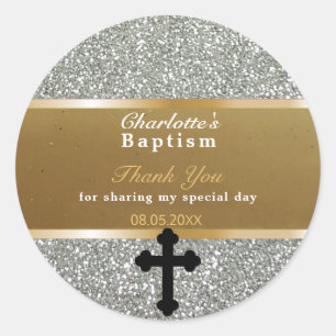 Baby Baptism Favour Thank You Elegant Gold Silve Classic Round Sticker