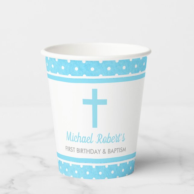 Baby Baptism First Birthday Blue Cross Boy Paper Cups (Front)