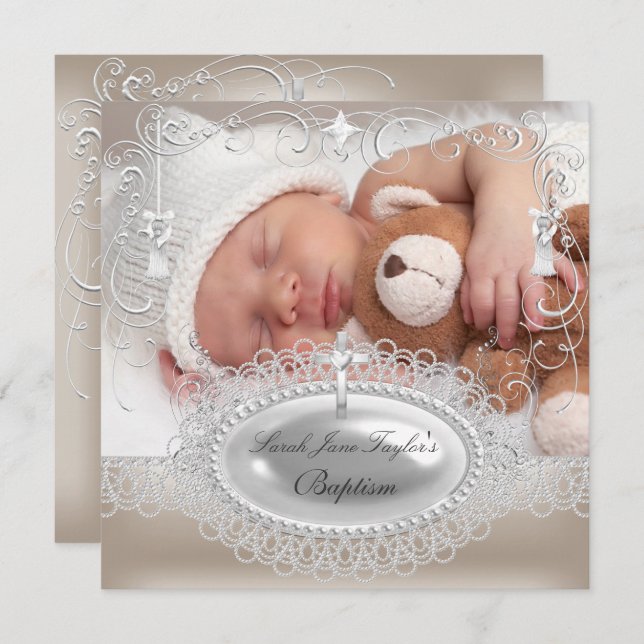 Baby Baptism Girl Boy Christening Pearl Invitation (Front/Back)