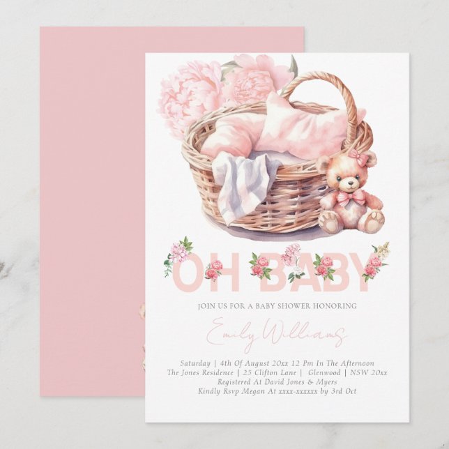 Baby Basket Floral Elegant Baby Shower Invitation (Front/Back)