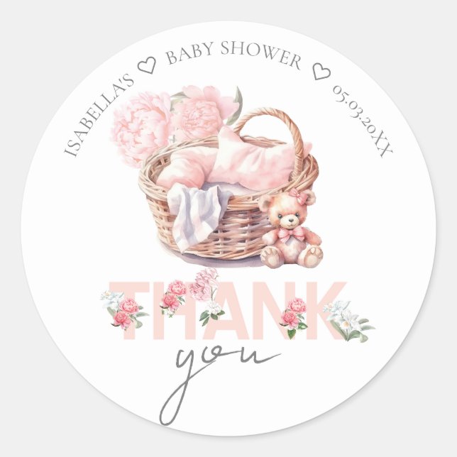 Baby Basket Personalised Thank you Baby Shower Classic Round Sticker (Front)