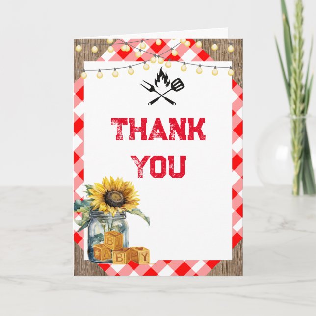 Baby BBQ red plaid gingham baby shower photo  Thank You Card (Front)