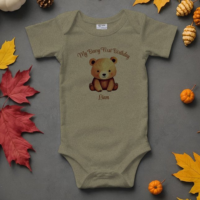Baby Bear Beary 1st Birthday Cute Watercolor (Adorable personalized baby bear bodysuit for that Beary First Birthday! Cute trendy Teddy watercolor)