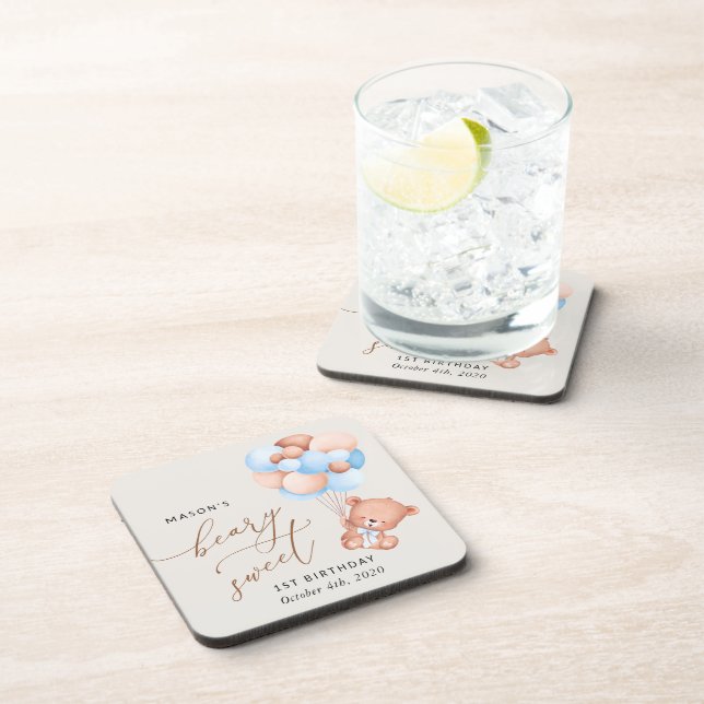 Baby Bear, Blue Balloons, First Birthday Coaster (Right Side)