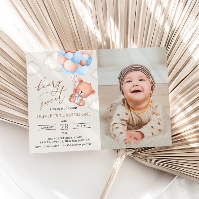 Baby Bear, Blue Balloons, First Birthday Invitation (Creator Uploaded)