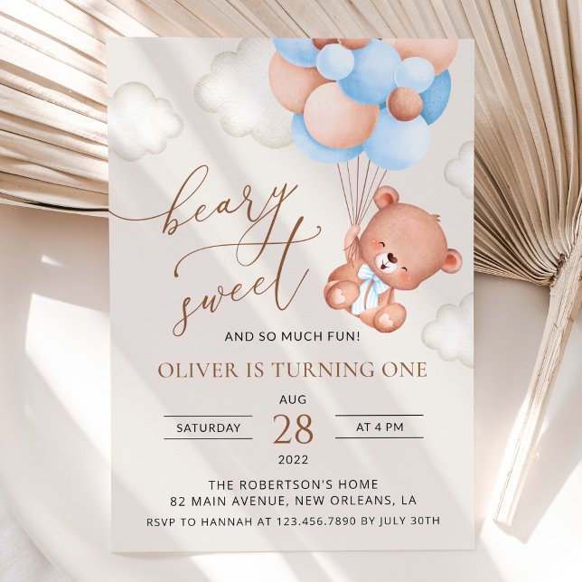 Baby Bear, Blue Balloons, First Birthday Invitation (Creator Uploaded)