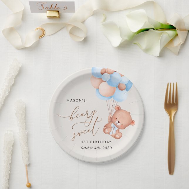 Baby Bear, Blue Balloons, First Birthday Paper Plate (Wedding)