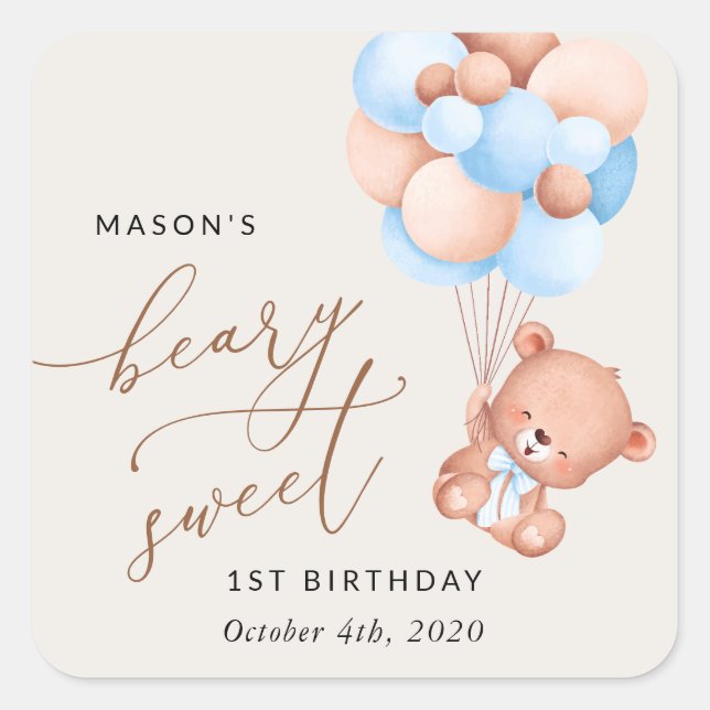 Baby Bear, Blue Balloons, First Birthday Square Sticker (Front)