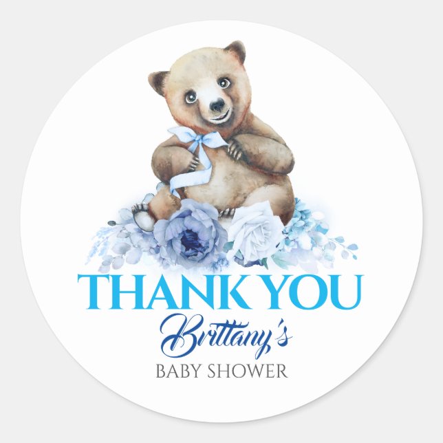 Baby Bear Blue Floral Baby Shower Thank You Classic Round Sticker (Front)