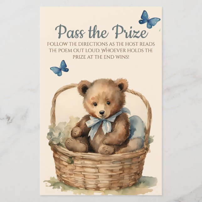 Baby Bear Boy Baby Shower Pass the Prize Game (Back)