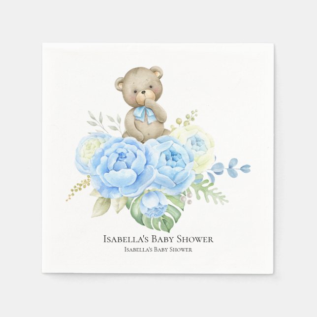 Baby Bear Boy Blue Flower | Baby Shower Napkins  (Front)