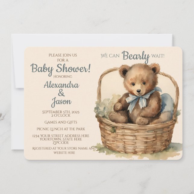 Baby Bear Boys Bearly Wait Baby Shower Invitation (Front)
