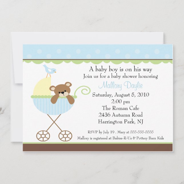 Baby Bear Carriage Boy Baby Shower Invitation (Front)