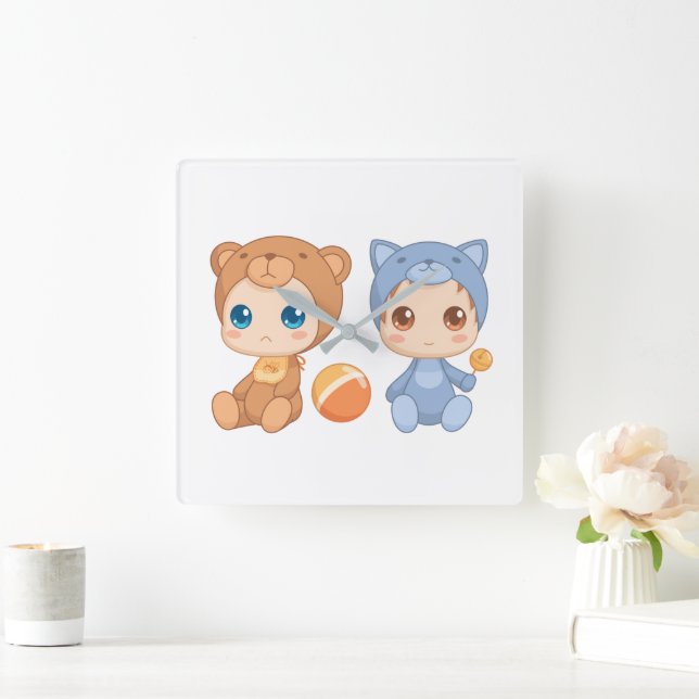 Baby Bear Cat Jumpsuit Twins Square Wall Clock (Home)