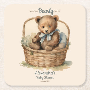 Baby Bear Cub Boys Baby Shower Square Paper Coaster